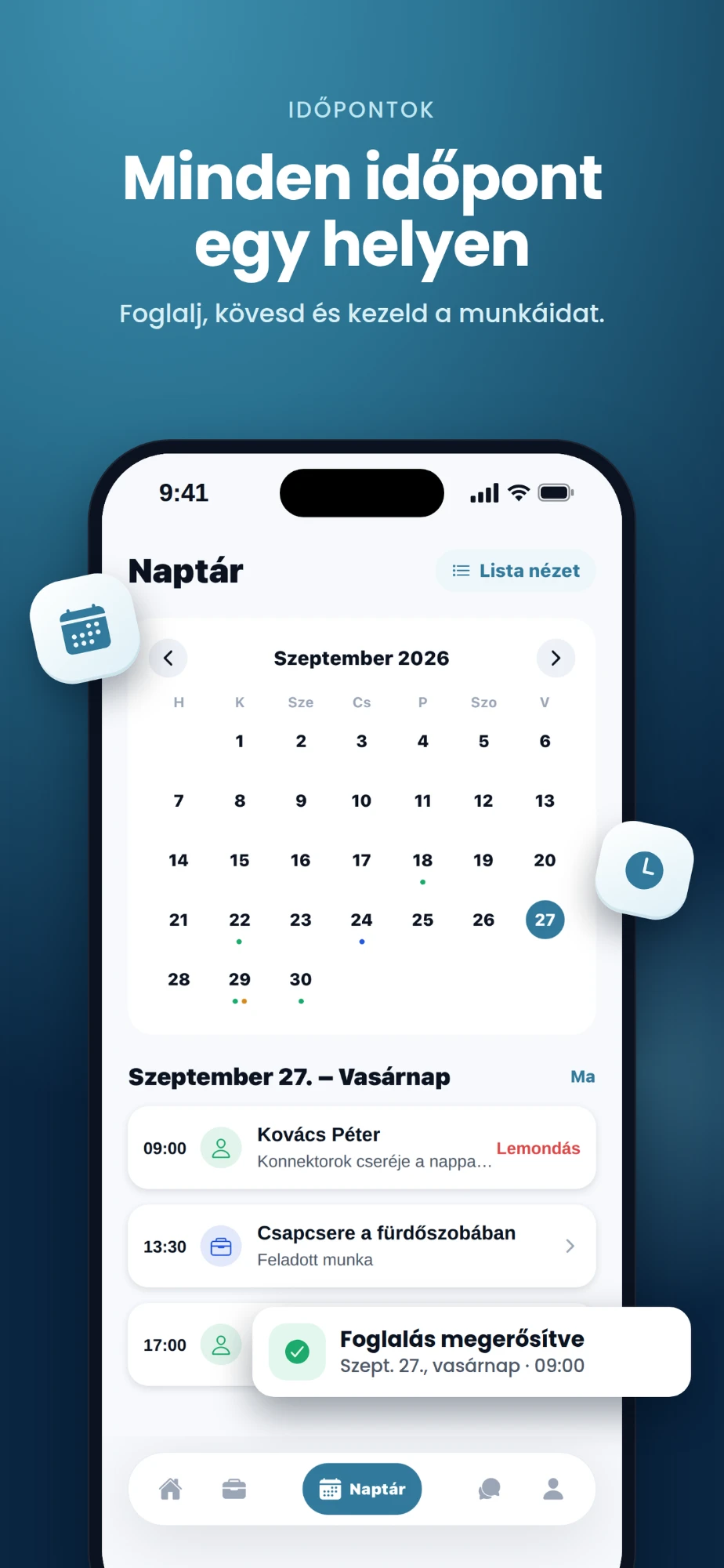 SZAKI app áruházi képernyőkép: „Minden időpont egy helyen” — a naptár foglalás-megerősítéssel