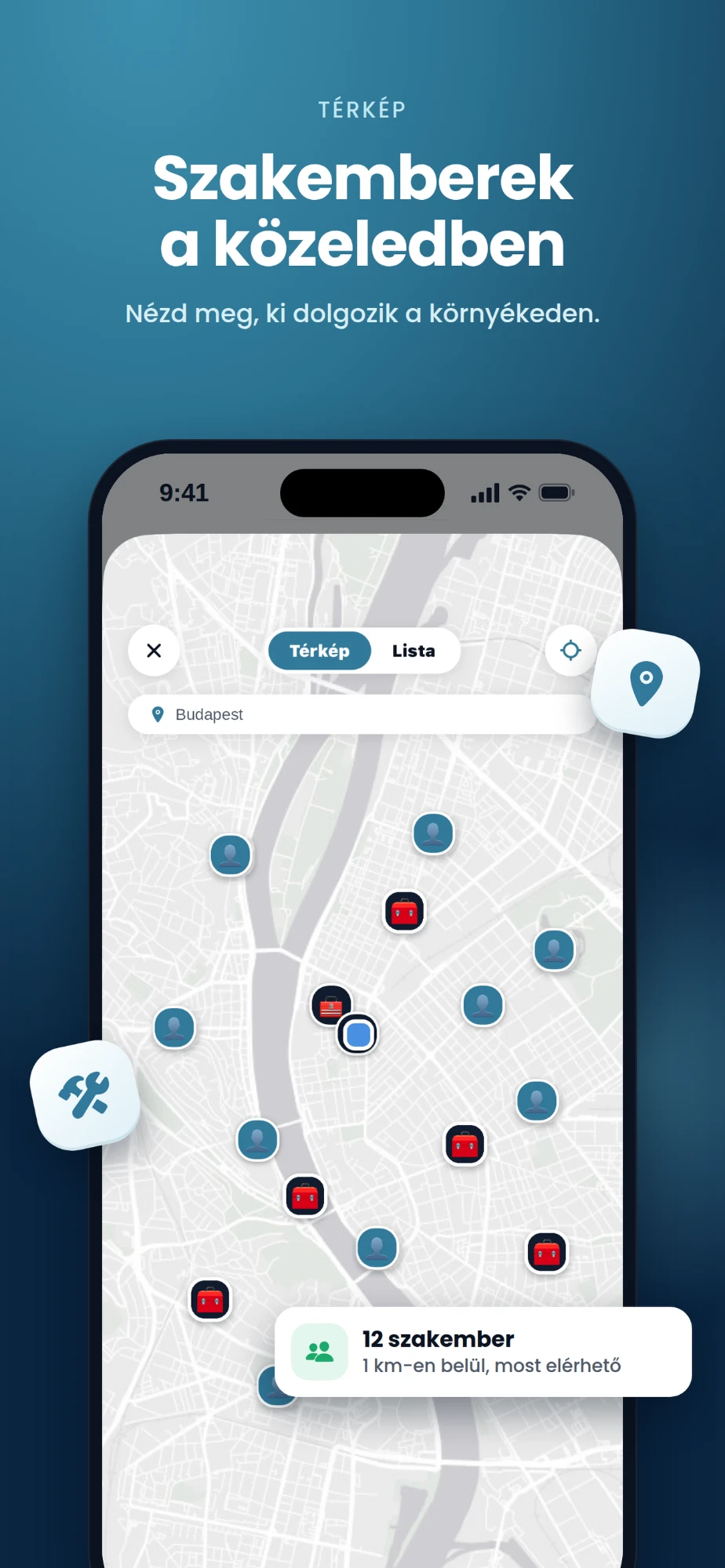 SZAKI app áruházi képernyőkép: „Szakemberek a közeledben” — térképnézet, 12 szakember 1 km-en belül elérhető